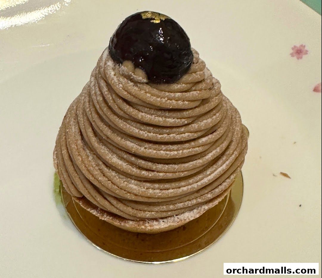 A close-up of a Mont Blanc cake with chestnut cream and a dark cherry on top.
