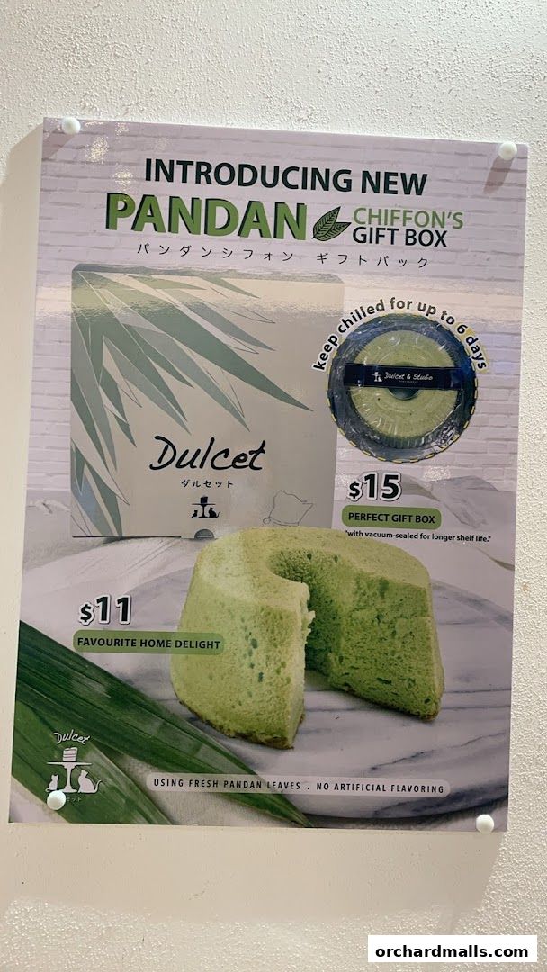 A poster introducing new Pandan Chiffon cakes from Dulcet Studio, showcasing two options with prices.