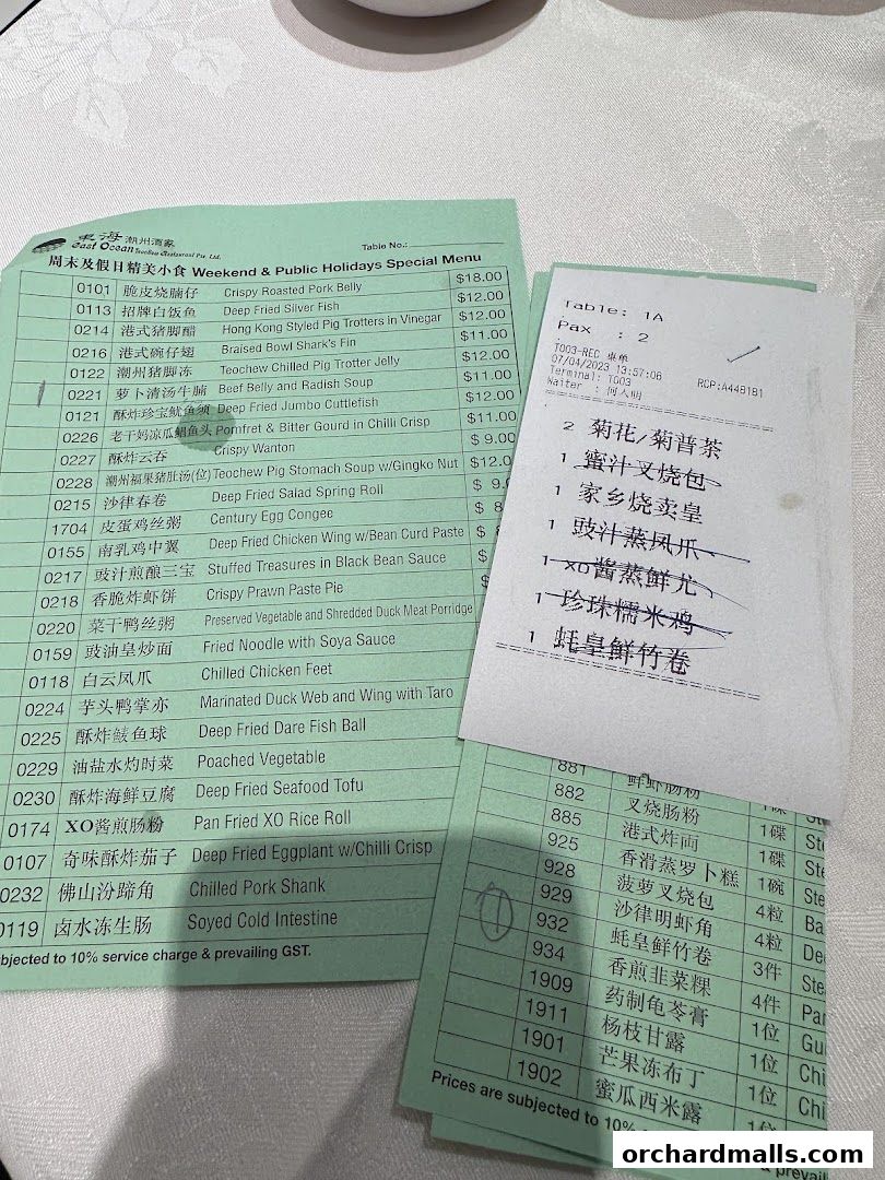 A menu from East Ocean Restaurant with a list of weekend and public holiday specials.