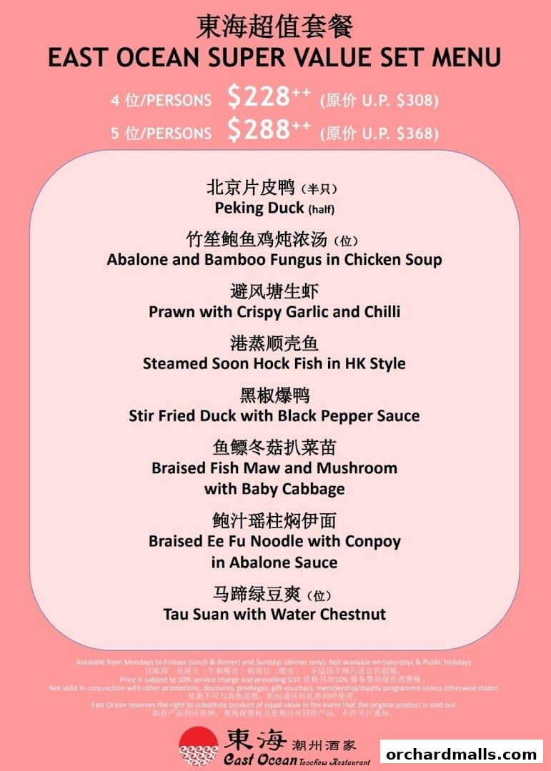 A menu for East Ocean Restaurant featuring a Super Value Set Menu with various dishes.