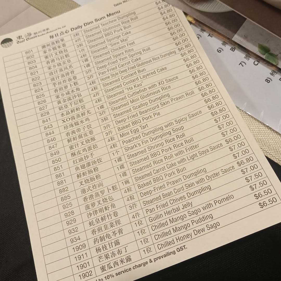 Menu page for East Ocean Restaurant