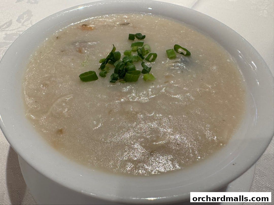 A close-up shot of a bowl of congee topped with chopped green onions.