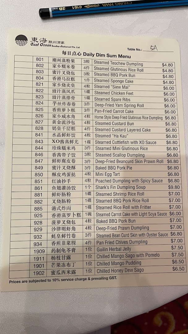 Menu page for East Ocean Restaurant