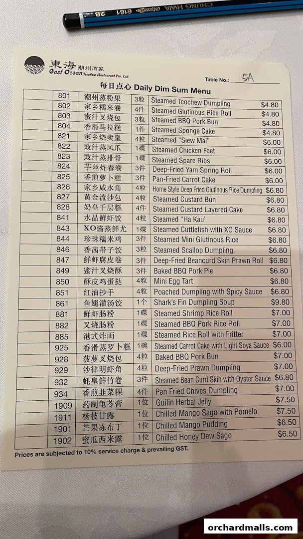 A daily dim sum menu from East Ocean Teochew Restaurant with item names, quantities, and prices.