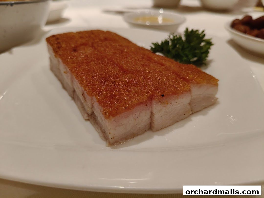 A close-up of a crispy roasted pork belly dish served on a white plate.
