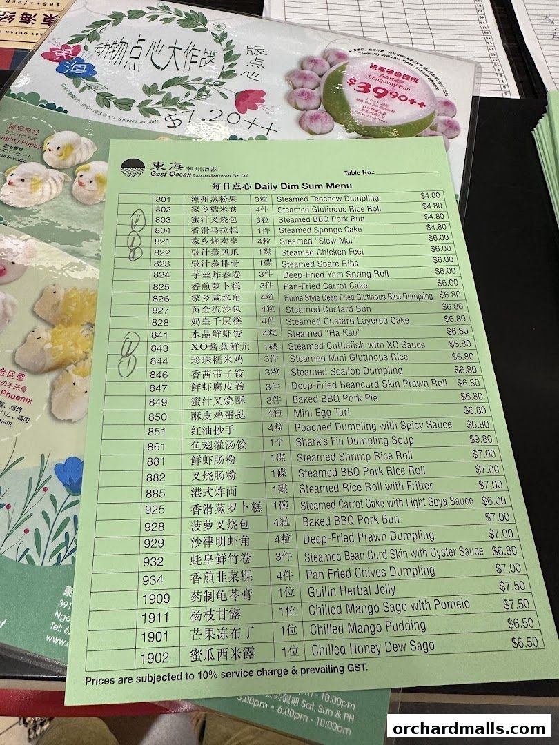 A dim sum menu from East Ocean Restaurant with various steamed and fried dishes.