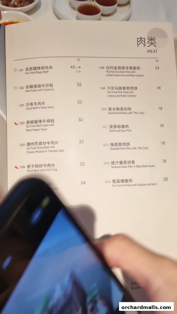 A menu page from East Ocean Restaurant featuring meat dishes with prices.
