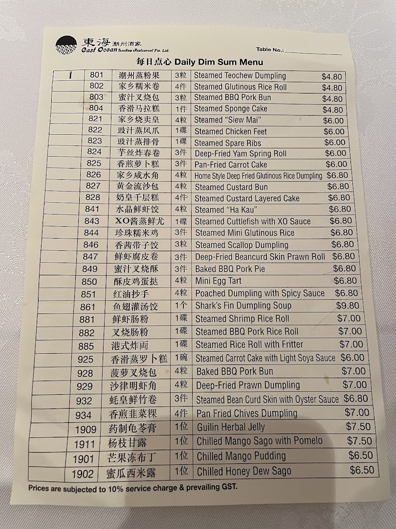 Menu page for East Ocean Restaurant