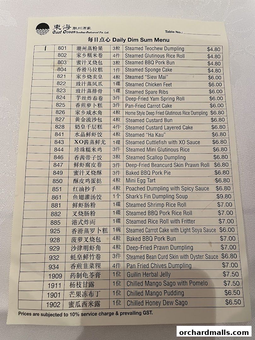 A menu from East Ocean Restaurant featuring a variety of daily dim sum items with prices.