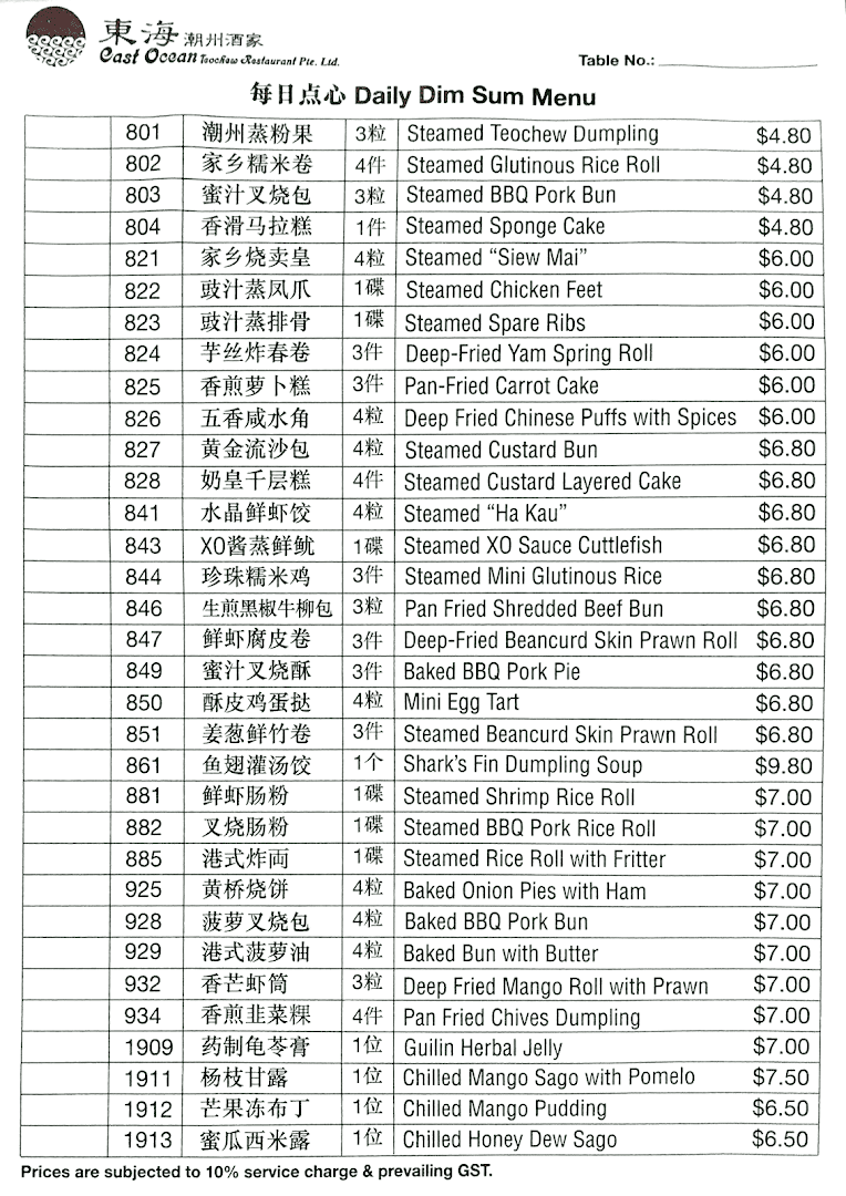 Menu page for East Ocean Restaurant