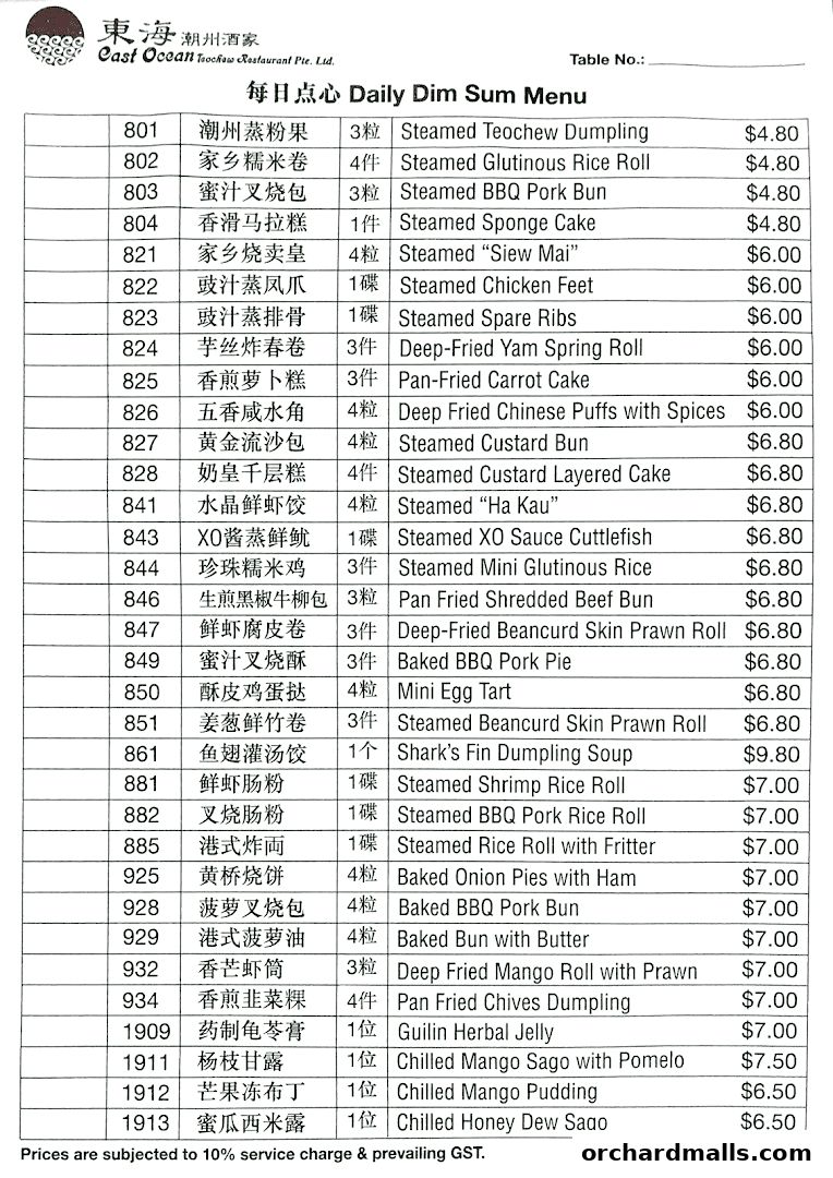 A menu from East Ocean Restaurant featuring a variety of dim sum dishes with prices.