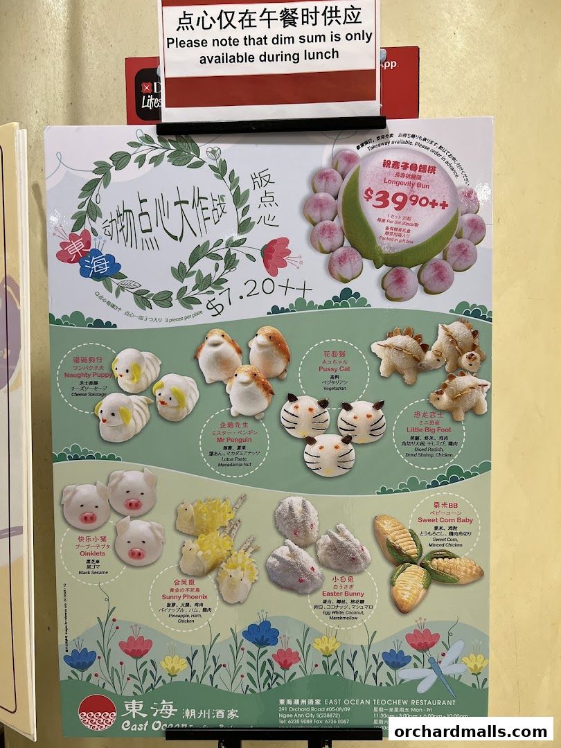 A colorful menu featuring various animal-shaped dim sum dishes and a special longevity bun.