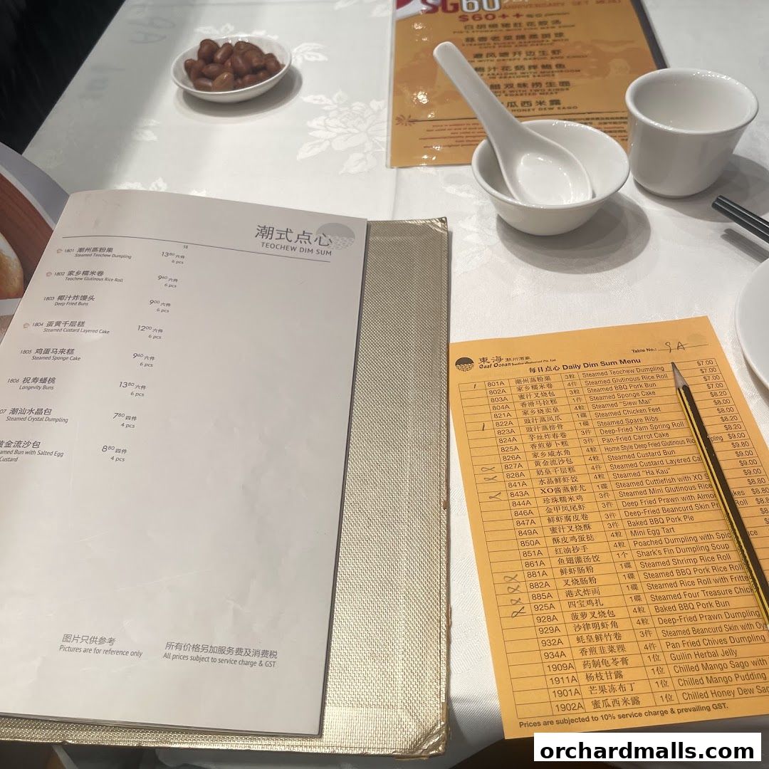 A table setting with dim sum menus and a pencil, featuring various Chinese dishes.