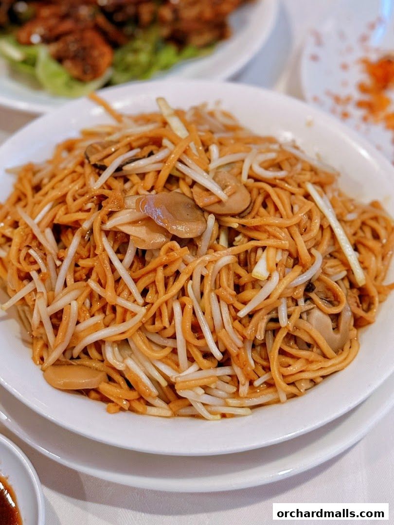 A close-up shot of a delicious plate of stir-fried noodles with bean sprouts and mushrooms.