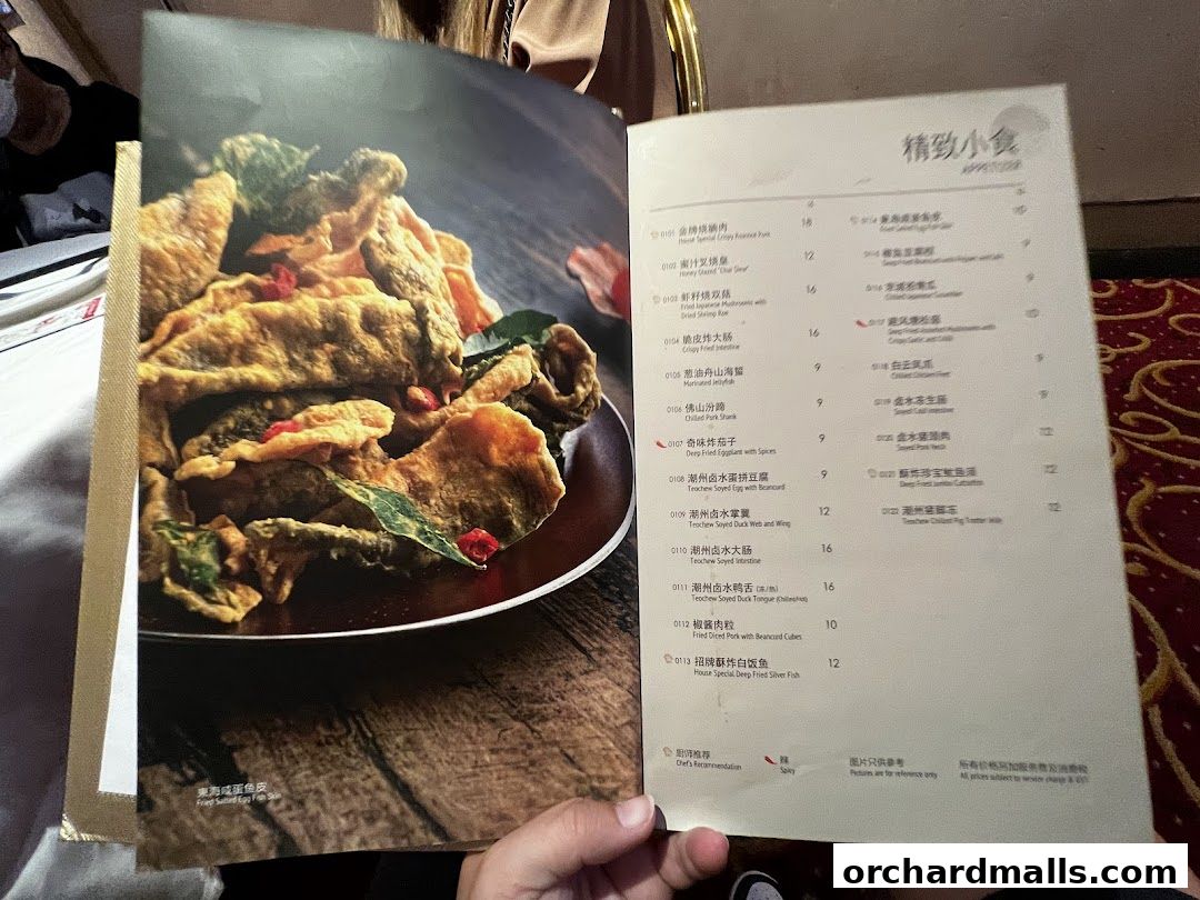 A menu from East Ocean Restaurant featuring a picture of fried fish skin and a list of appetizers.