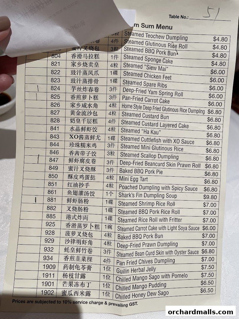 A close-up of a dim sum menu with Chinese and English item names and prices.