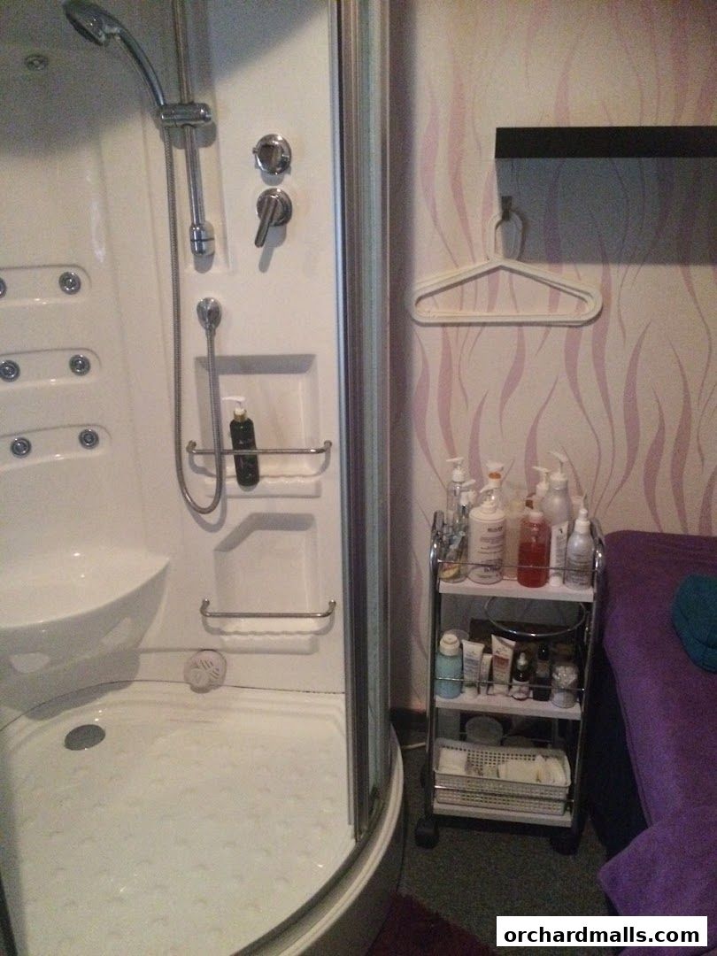 A modern shower stall next to a trolley of beauty products and a massage bed.