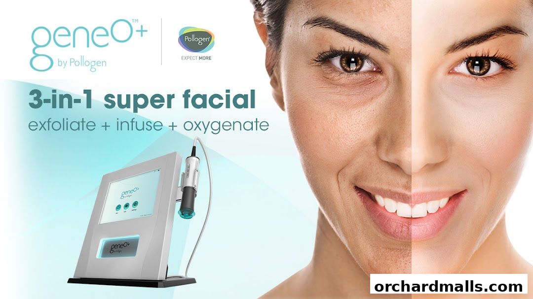 Advertisement for Geneo+ 3-in-1 super facial by Pollogen, showing before and after skin.