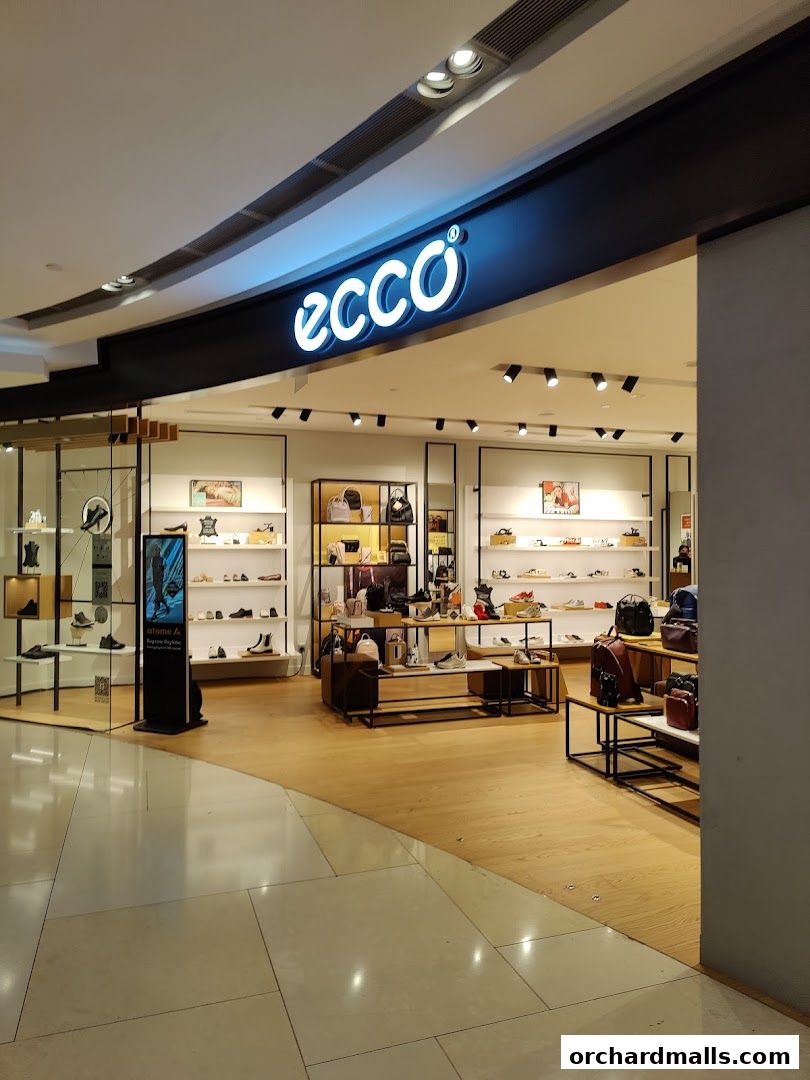 The ECCO ION Orchard shop front displays a wide selection of shoes and bags on shelves.