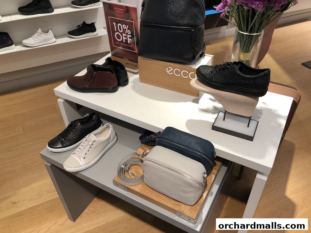 ECCO ION Orchard shop display featuring various shoes and bags, with a 10% off promotion.