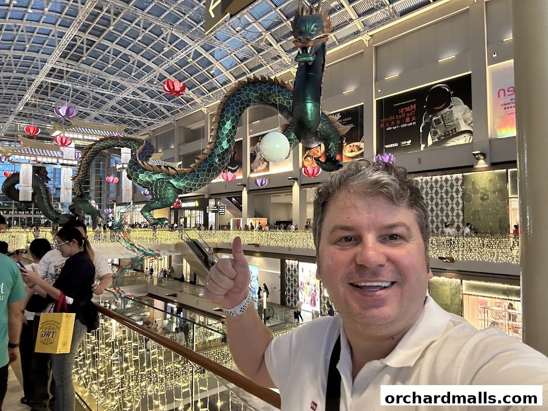 A man takes a selfie in a mall with a large dragon decoration and festive lights.