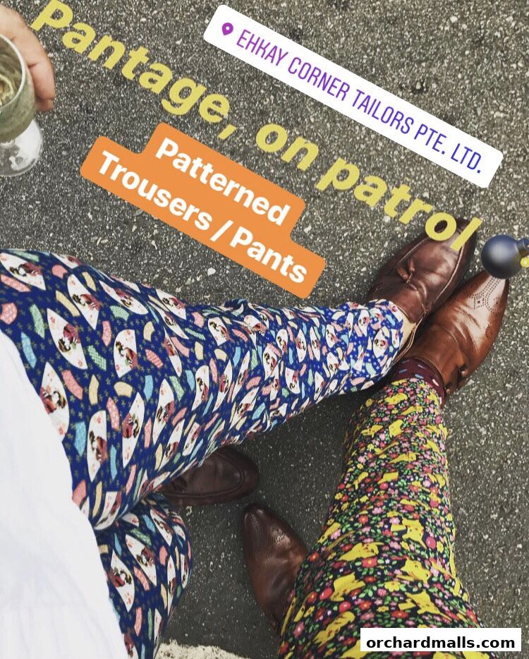 Two people wearing patterned trousers and brown shoes, with text overlay about tailoring.