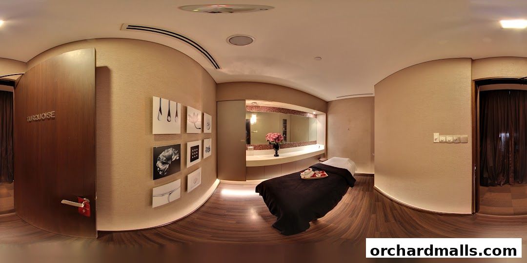 A serene spa room with a massage bed, vanity, and decorative artwork.