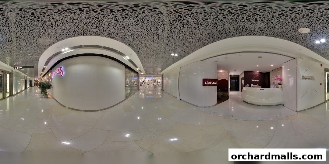 Interior view of a modern shopping mall corridor with shops and a reception area.