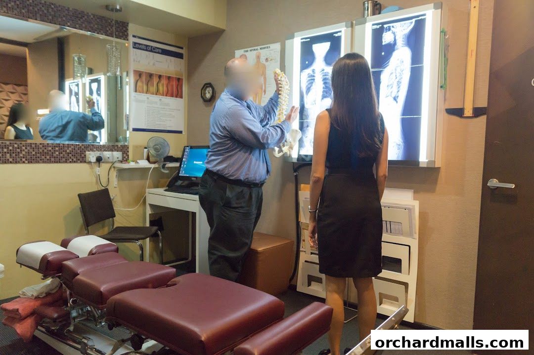 A chiropractor explains a spinal model to a patient in front of X-ray lightboxes.