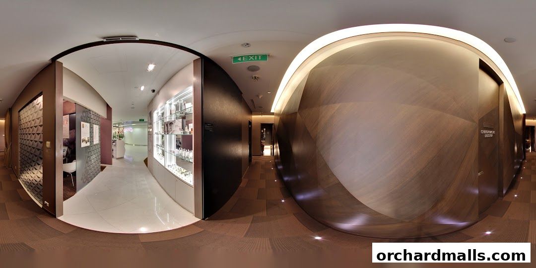Interior view of a modern spa or beauty salon with product displays and elegant decor.