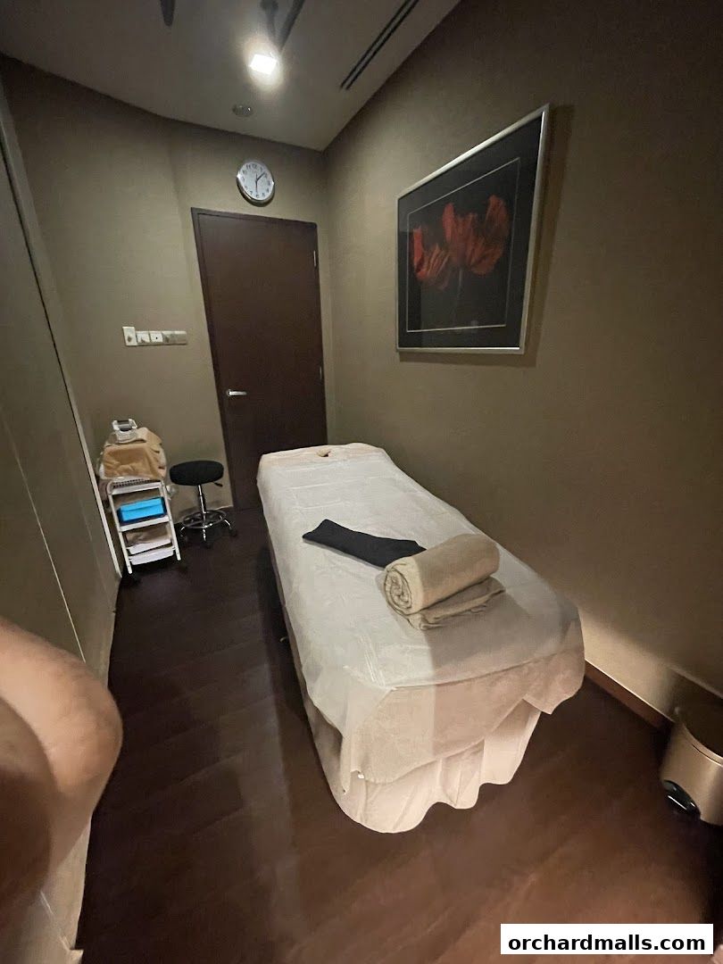 A treatment room with a massage bed, towels, and artwork on the wall.