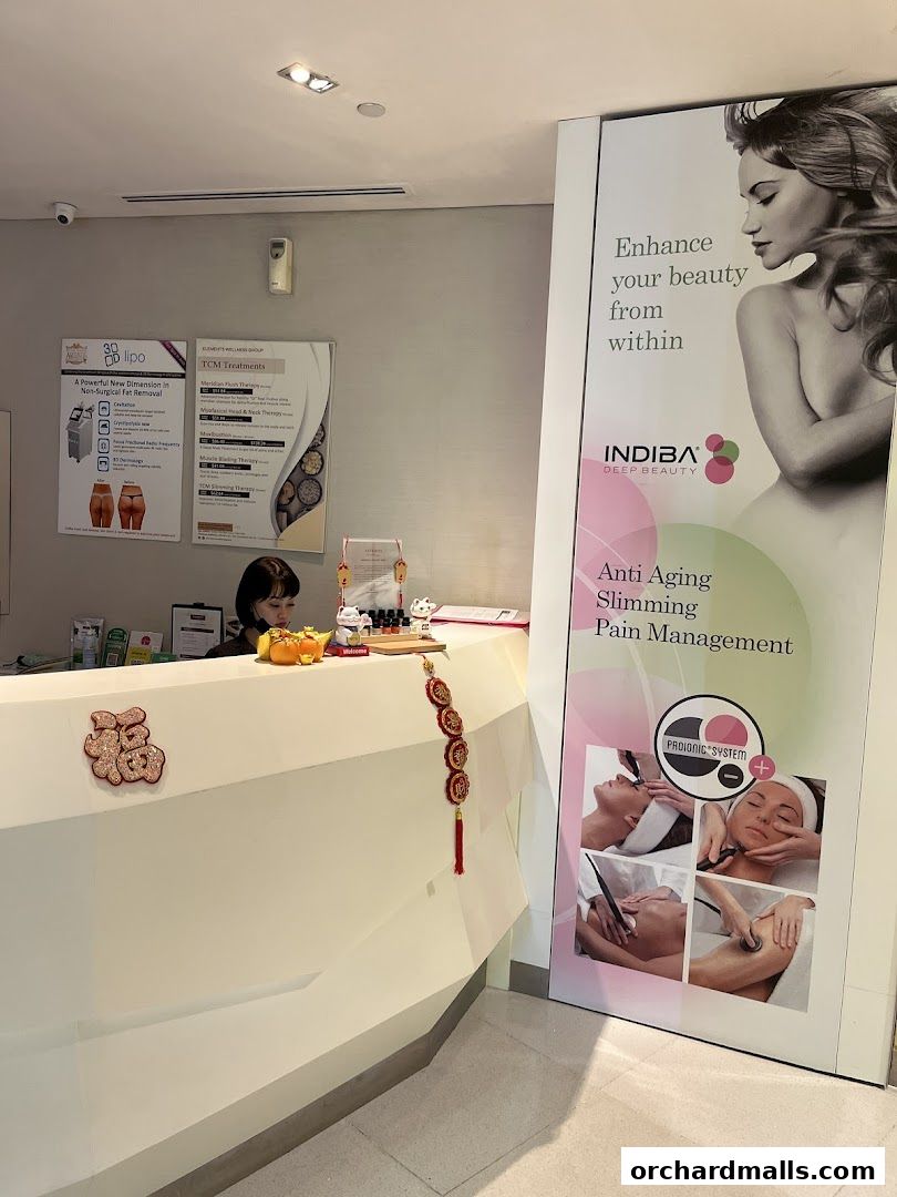 A reception desk with promotional posters and a staff member.