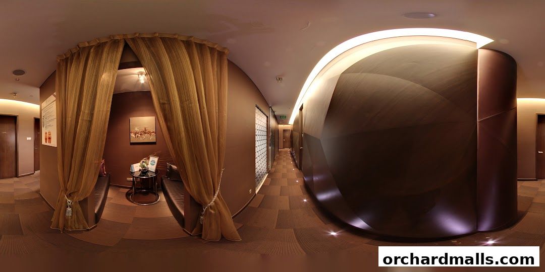 Interior view of a spa with treatment rooms and a waiting area.