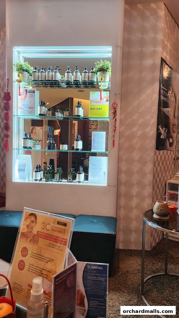 A display shelf with skincare products and promotional flyers at Elements ION Orchard.