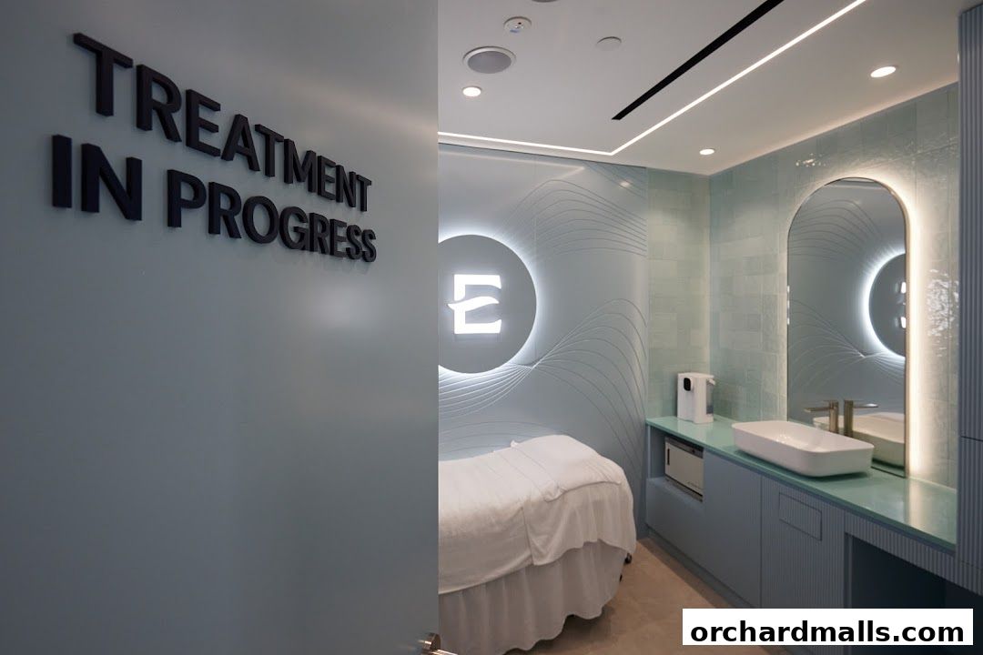 A treatment room at Elemis London with a massage bed and a vanity area.