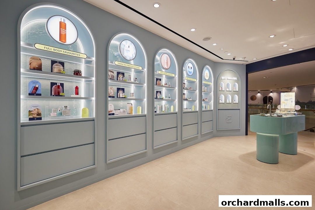 Interior view of an Elemis London shop showcasing skincare products on illuminated shelves.