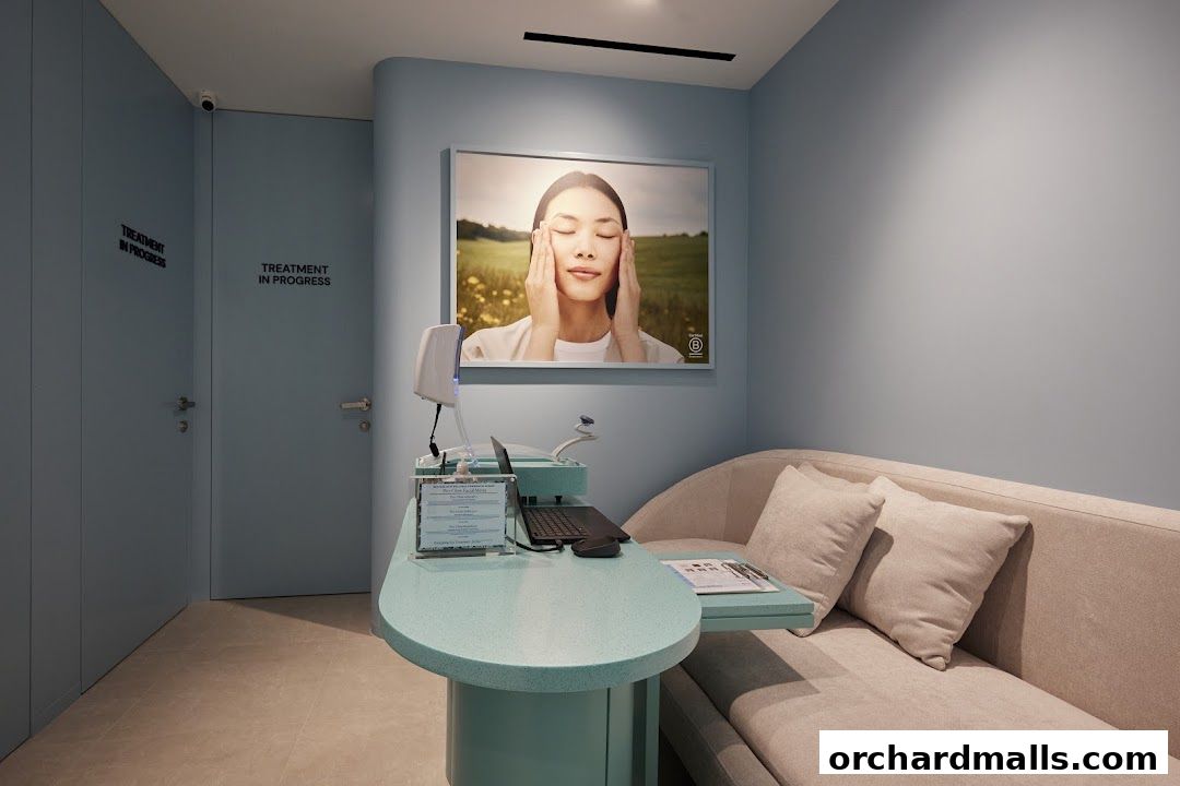 A serene treatment room with a comfortable sofa, a desk with a laptop, and a calming image on the wall.