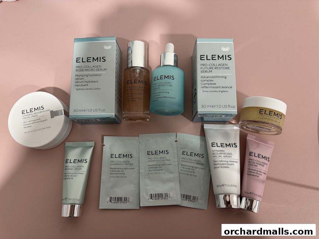 A collection of Elemis skincare products including serums, creams, and facial pads.