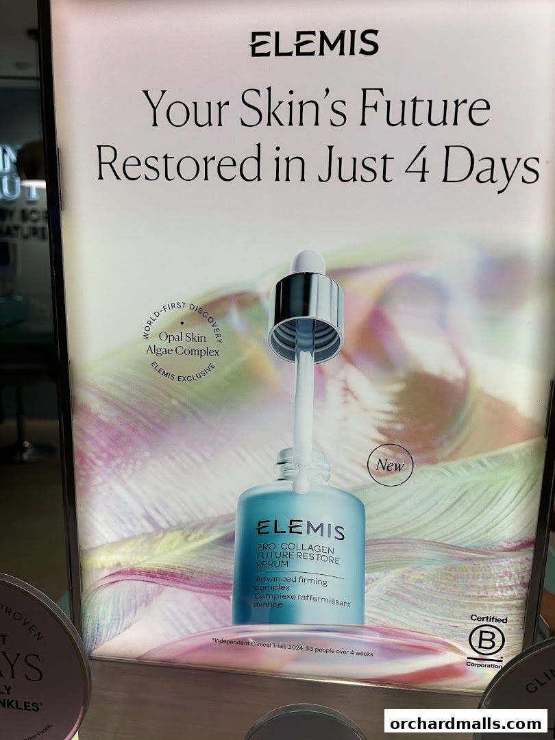 Advertisement for Elemis Pro-Collagen Future Restore Serum, promising skin restoration in 4 days.