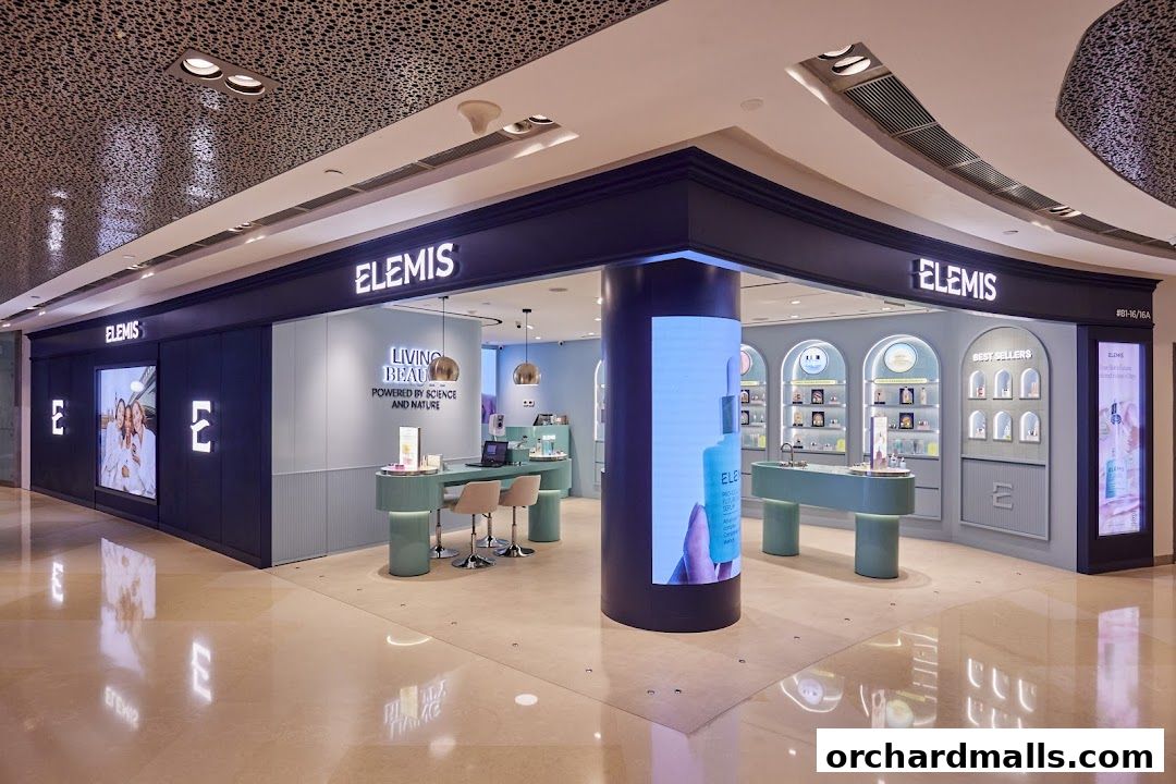 The Elemis London shop front features a modern, clean design with illuminated signage and product displays.
