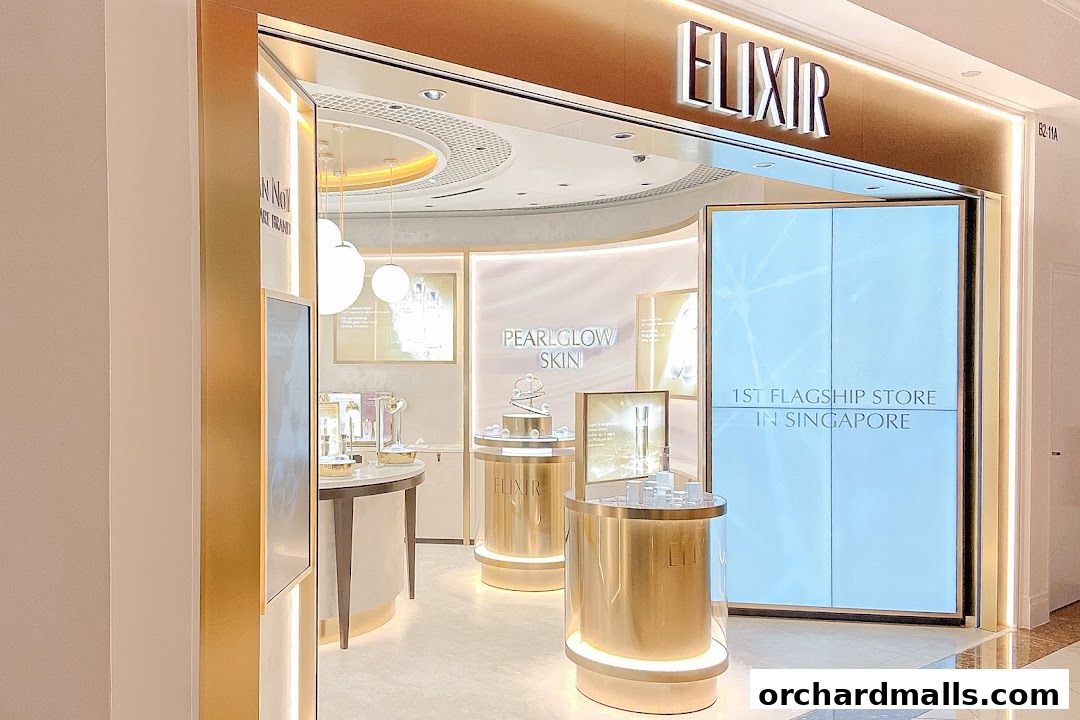 The elegant entrance of the ELIXIR Takashimaya Boutique Store, showcasing skincare products.
