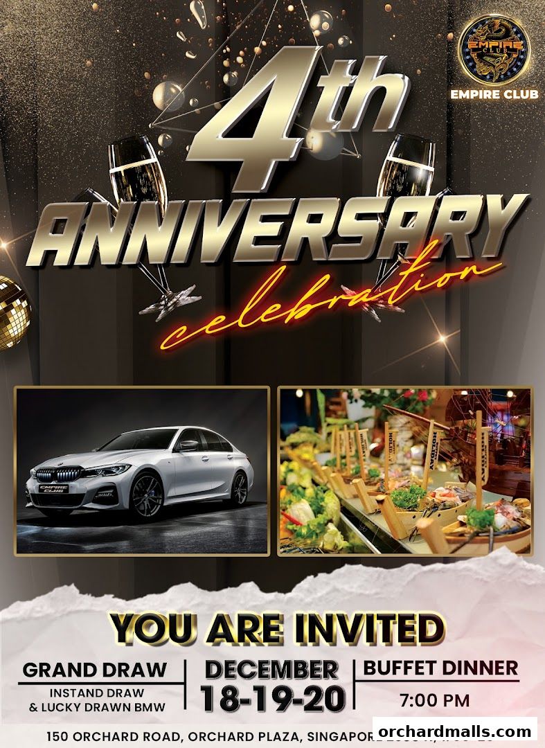 Empire Club's 4th Anniversary celebration invitation with a car and buffet dinner.