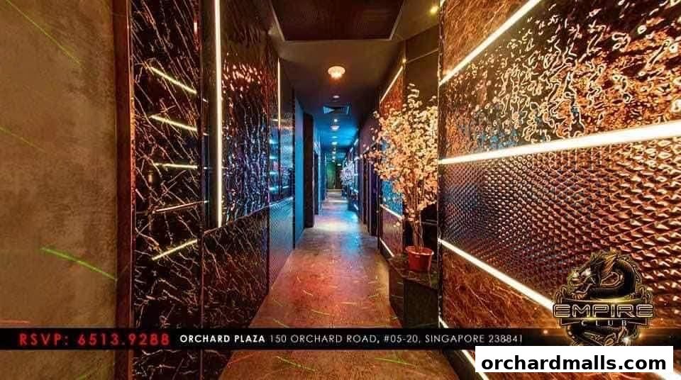 Luxurious hallway with marble walls, neon lights, and decorative trees.