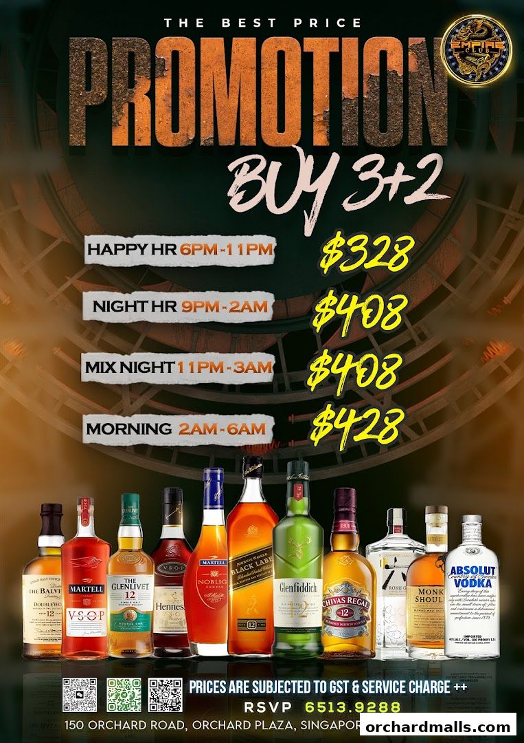 A promotional poster for Empire KTV featuring various liquor bottles and pricing.