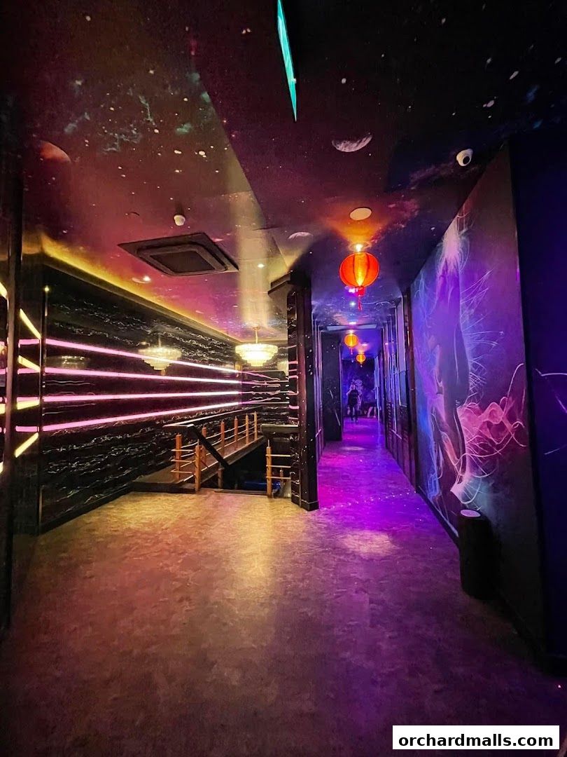 A dimly lit hallway with a galaxy-themed ceiling and neon lights.