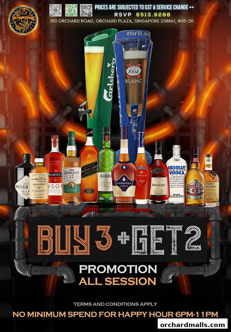 A promotion for Empire KTV featuring various liquor bottles and beer towers with a 'Buy 3 Get 2' offer.
