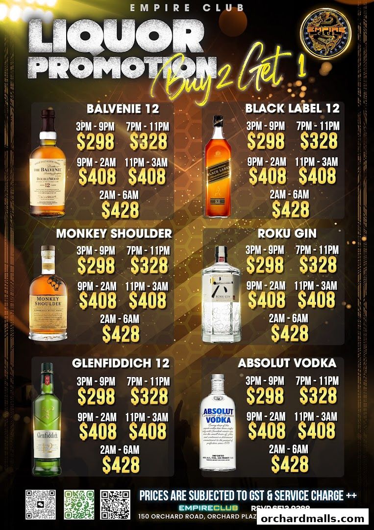 A liquor promotion flyer for Empire Club featuring various spirits with prices and timings.