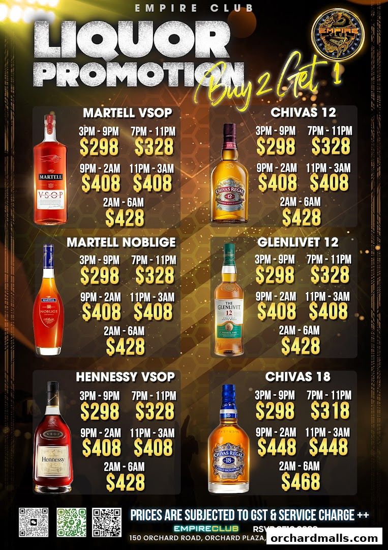 Liquor promotion flyer for Empire Club featuring various brands and prices.