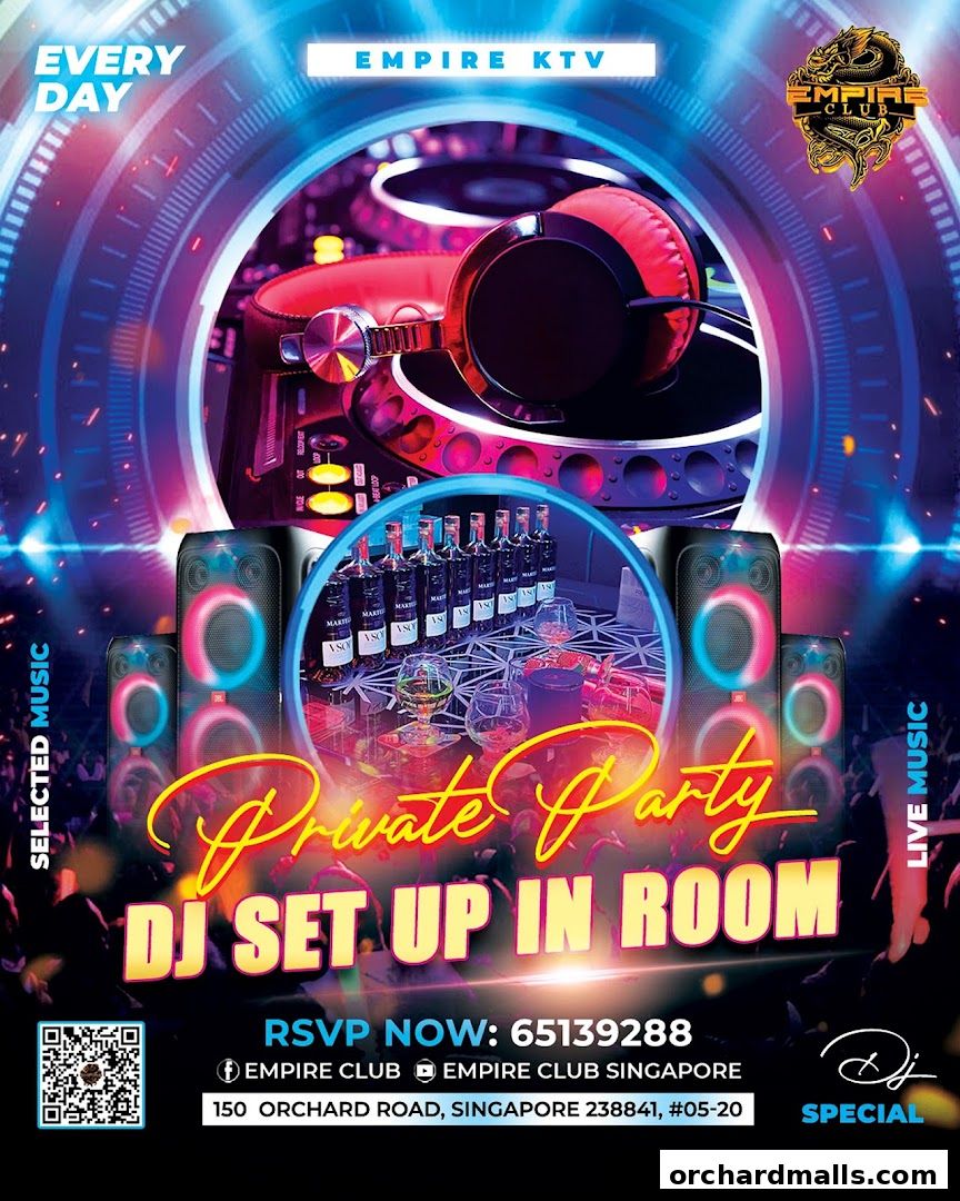 An advertisement for Empire KTV featuring DJ equipment, speakers, and bottles of alcohol.