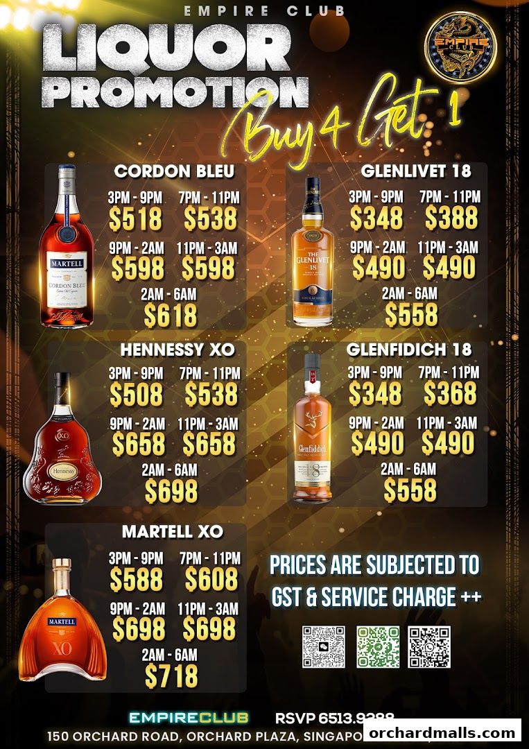 Liquor promotion flyer for Empire Club featuring various brands and prices.